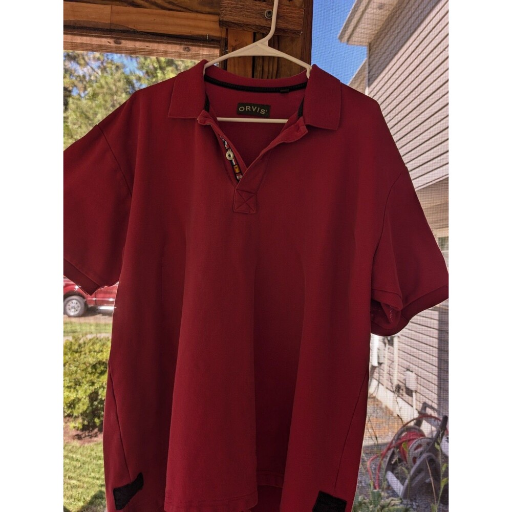 Orvis Polo Shirt Mens Large Red Short Sleeve Cotton Golf Shirt Flags